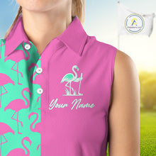 Load image into Gallery viewer, Close-up of pink and green flamingos pattern on women’s sleeveless golf polo shirt