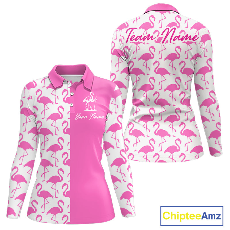 Front and back view of women’s long sleeve golf polo shirt with pink and white flamingos pattern and personalized name