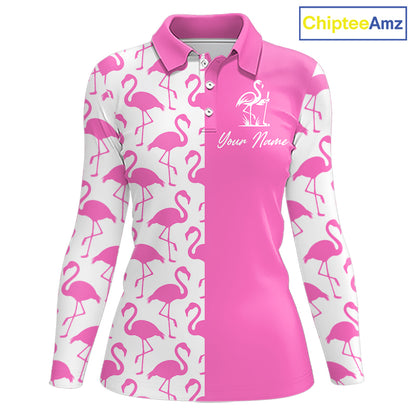 Front view of women’s long sleeve golf polo shirt with pink and white flamingos pattern
