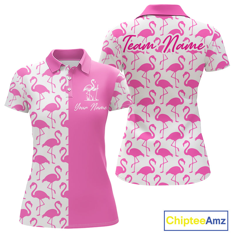 Front and back view of women’s long sleeve golf polo shirt with pink and white flamingos pattern and personalized name