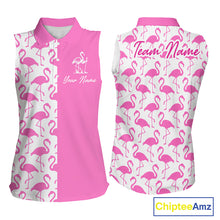 Load image into Gallery viewer, Front and back view of women’s sleeveless golf polo shirt with pink and white flamingos pattern and personalized name