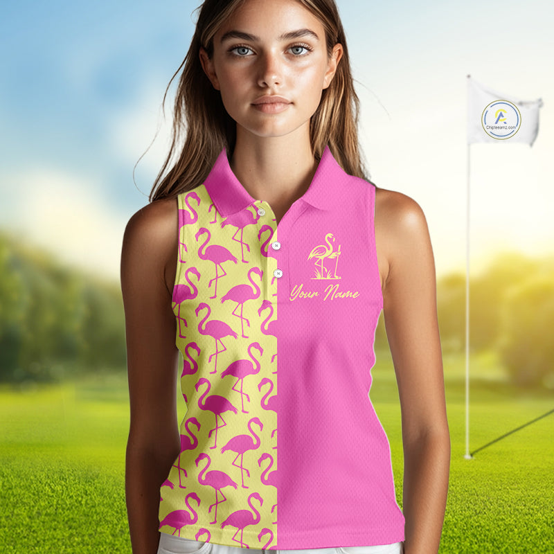 Woman wearing a pink and yellow flamingo pattern sleeveless golf polo shirt with custom name on the chest