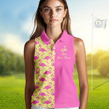 Load image into Gallery viewer, Woman wearing a pink and yellow flamingo pattern sleeveless golf polo shirt with custom name on the chest