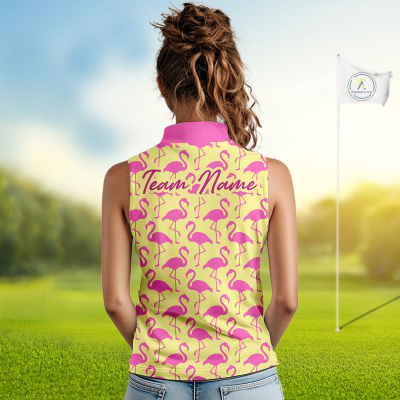 Woman wearing a yellow sleeveless polo shirt with pink flamingo pattern and 'Team Name' text on the back, standing on a golf course.