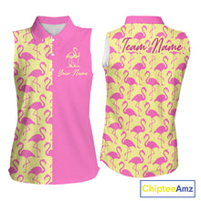 Load image into Gallery viewer, Front and back view of women’s sleeveless golf polo shirt with pink and yellow flamingos pattern and personalized name