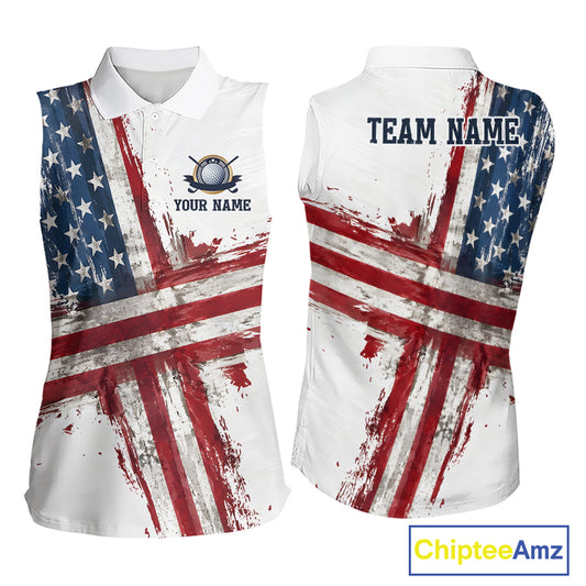 Custom US Sleeveless Golf Polo Shirt American Flag White Golf Shirts For Women, Patriotic Golf Shirt NBT701