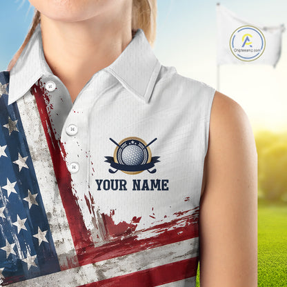 Custom US Sleeveless Golf Polo Shirt American Flag White Golf Shirts For Women, Patriotic Golf Shirt NBT701