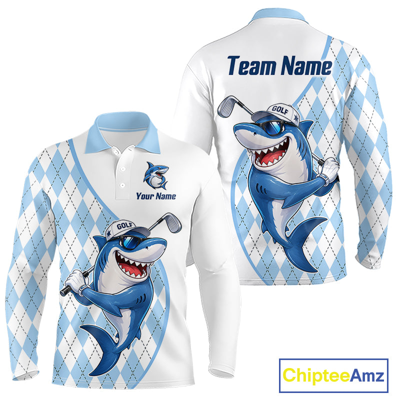 Funny Mens Golf Polo Shirt Argyle Pattern Custom Name Shark Playing Golf Shirt Golf Gifts NBT951