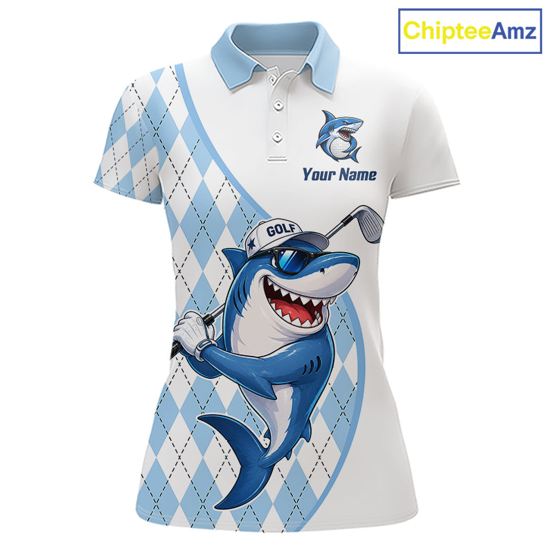 Funny Womens Golf Polo Shirt Argyle Pattern Custom Name Shark Playing Golf Shirt Golf Gifts NBT951