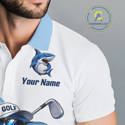 Funny Mens Golf Polo Shirt Argyle Pattern Custom Name Shark Playing Golf Shirt Golf Gifts NBT951