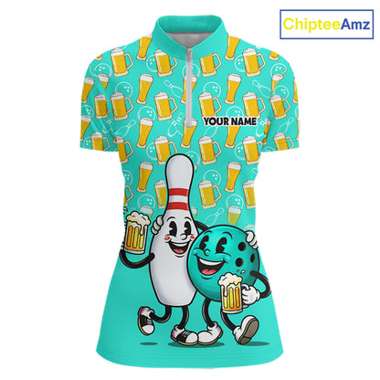 Funny Turquoise Beer Women Pattern Bowling Polo & 1/4 Quarter Zip Shirt Custom Bowling League Team Shirts NBT954