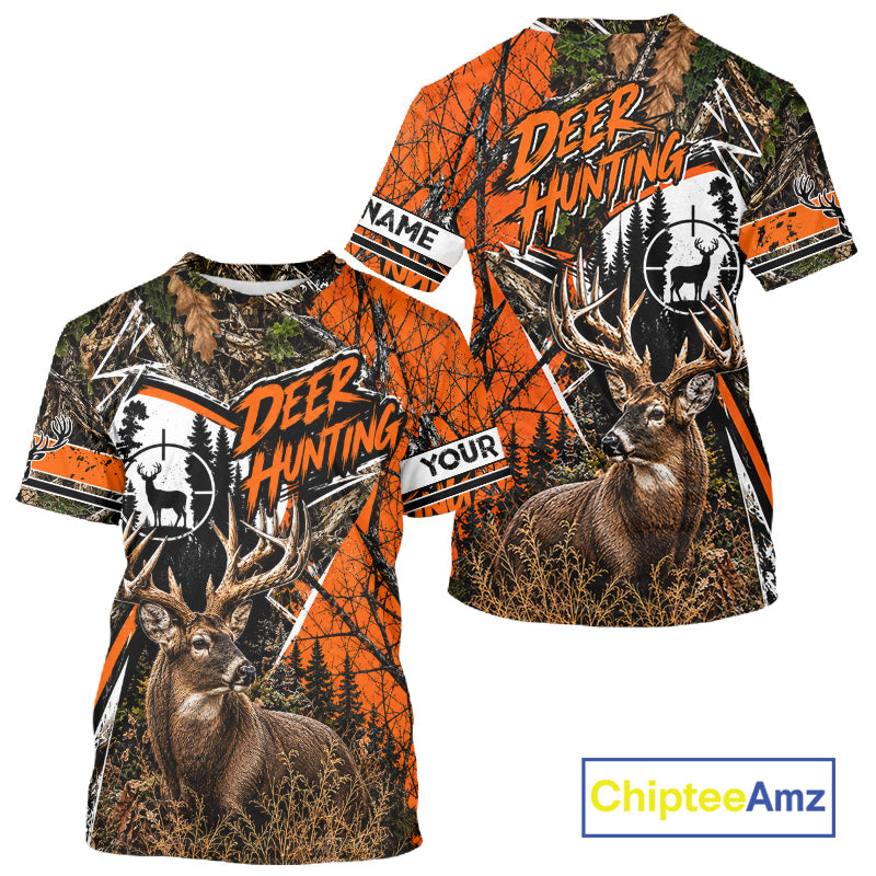 Whitetail Deer Hunting 3D Orange Camo Shirt Custom Name Perfect Gift For Hunters NBT1122
