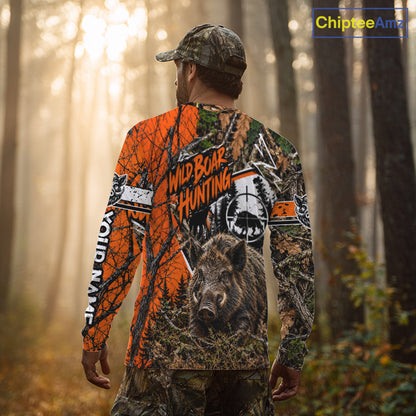 Wild Boar Hunting 3D Orange Camo Shirt Custom Name Perfect Gift For Hunters, Hog Hunting Shirts NBT1123