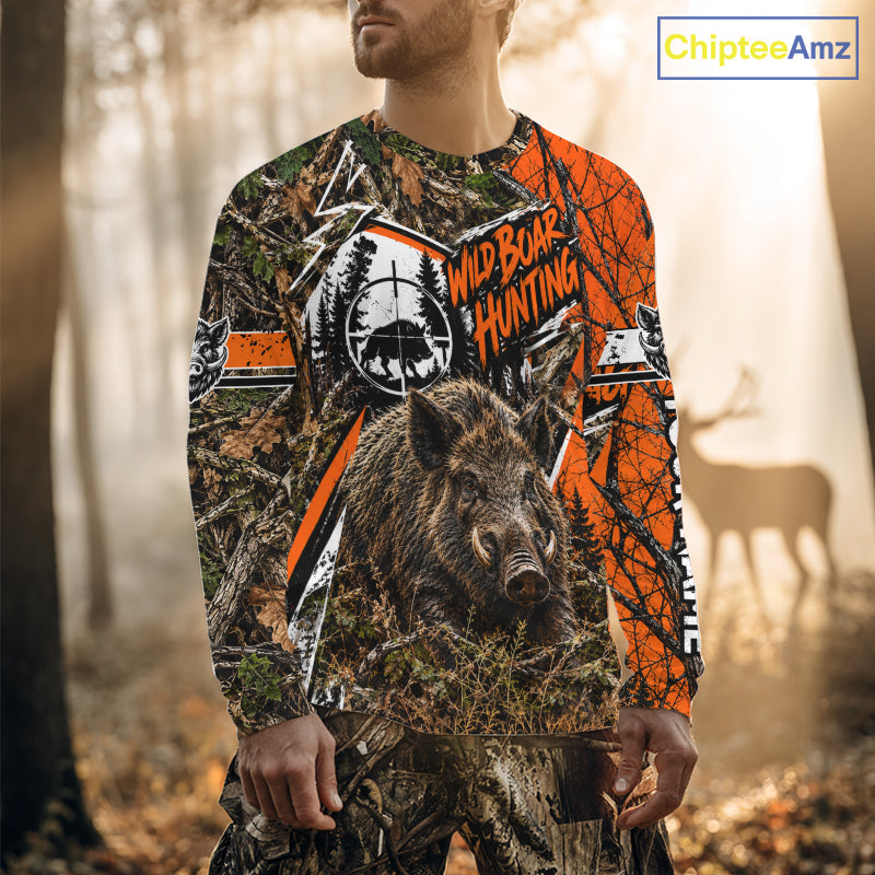 Wild Boar Hunting 3D Orange Camo Shirt Custom Name Perfect Gift For Hunters, Hog Hunting Shirts NBT1123