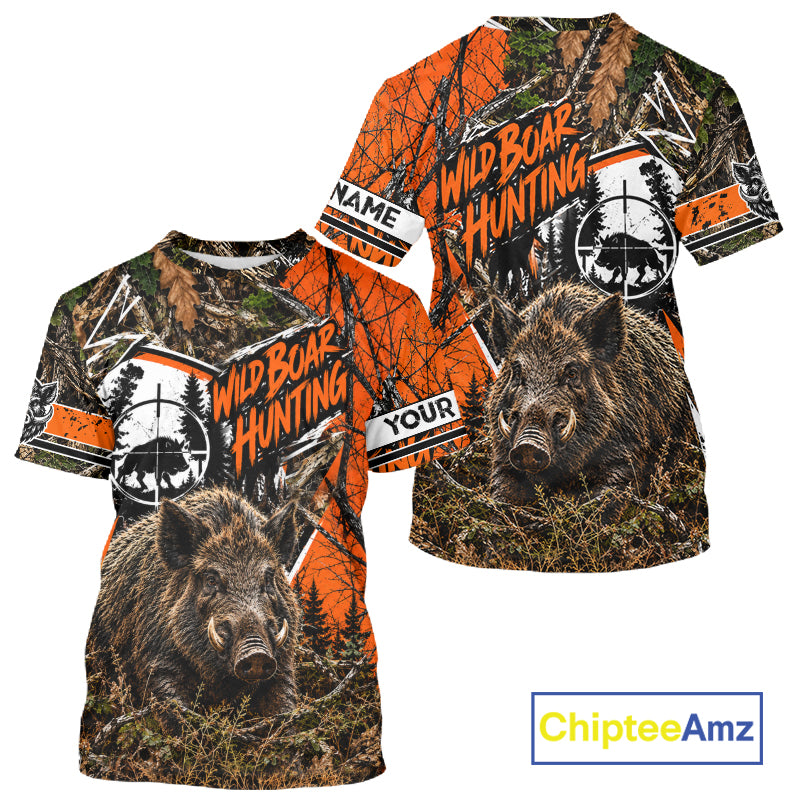 Wild Boar Hunting 3D Orange Camo Shirt Custom Name Perfect Gift For Hunters, Hog Hunting Shirts NBT1123