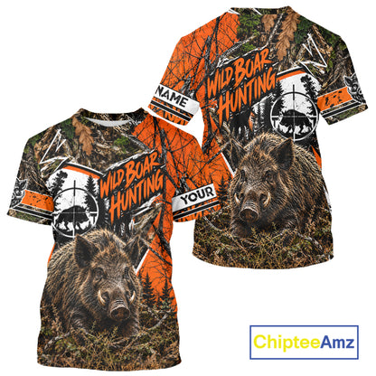 Wild Boar Hunting 3D Orange Camo Shirt Custom Name Perfect Gift For Hunters, Hog Hunting Shirts NBT1123