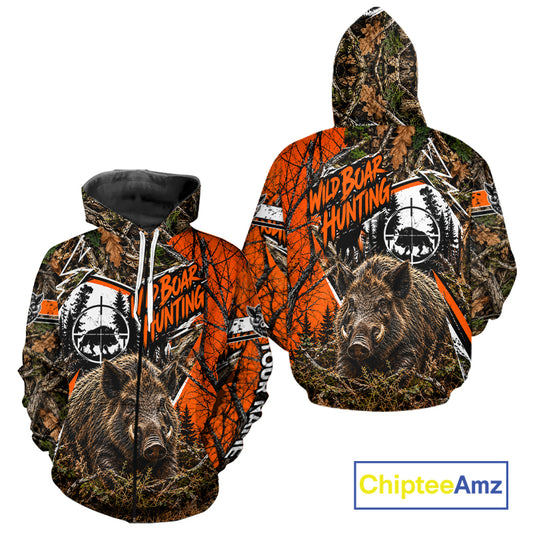 Wild Boar Hunting 3D Orange Camo Shirt Custom Name Perfect Gift For Hunters, Hog Hunting Shirts NBT1123