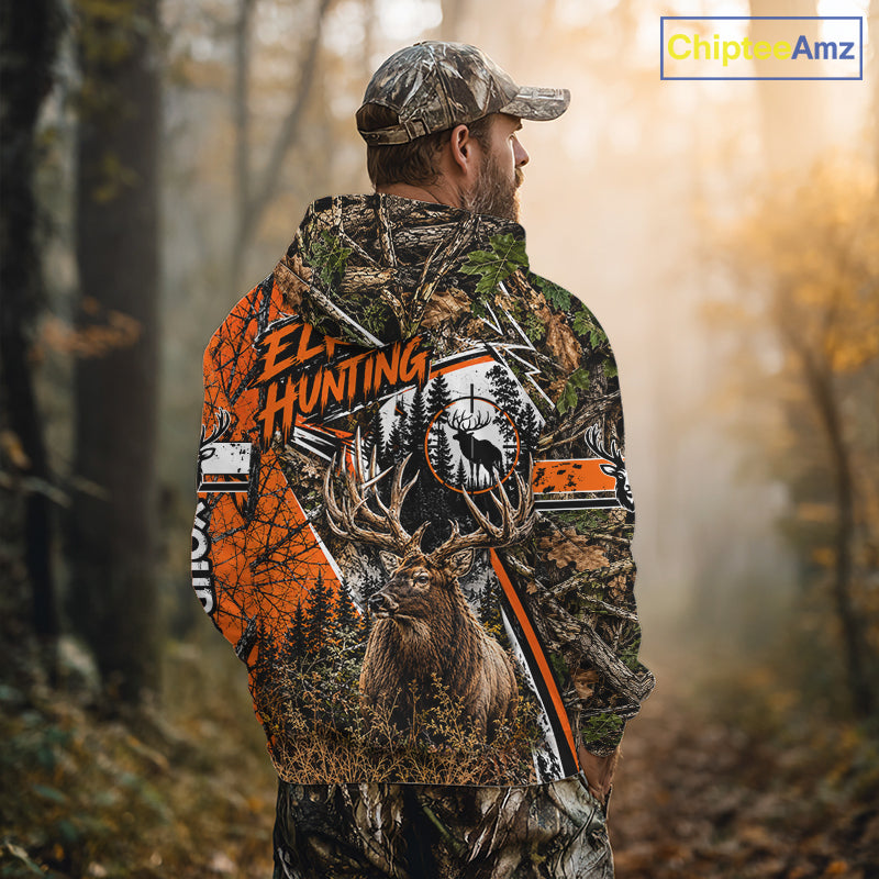 Elk Hunting 3D Orange Camo Shirt Custom Name Perfect Gift For Hunters, Elk Hunting Shirts NBT1124