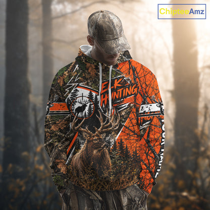Elk Hunting 3D Orange Camo Shirt Custom Name Perfect Gift For Hunters, Elk Hunting Shirts NBT1124