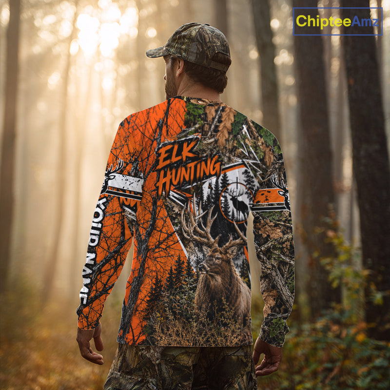 Elk Hunting 3D Orange Camo Shirt Custom Name Perfect Gift For Hunters, Elk Hunting Shirts NBT1124