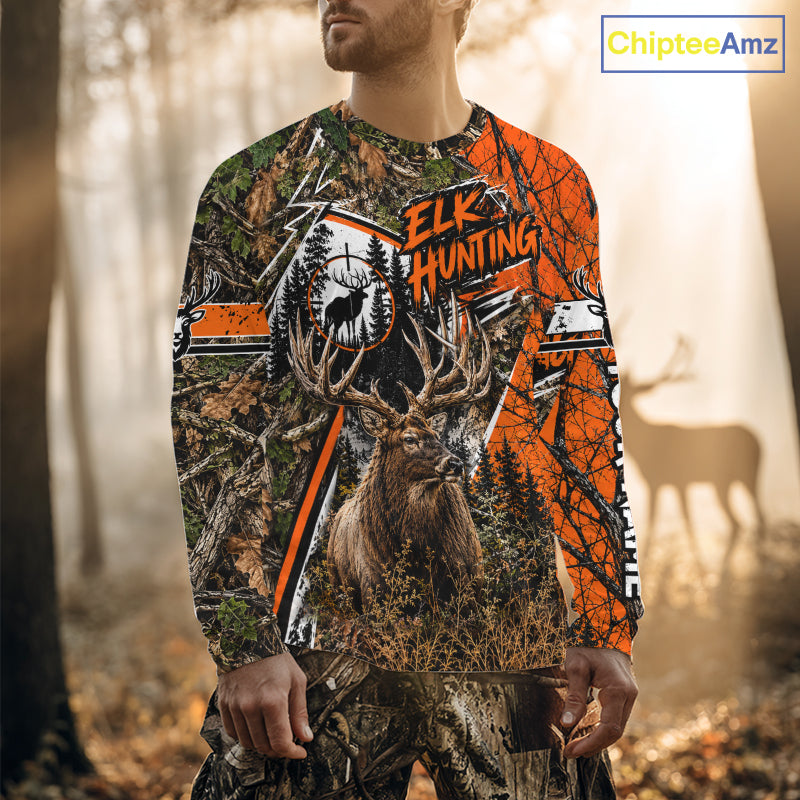 Elk Hunting 3D Orange Camo Shirt Custom Name Perfect Gift For Hunters, Elk Hunting Shirts NBT1124
