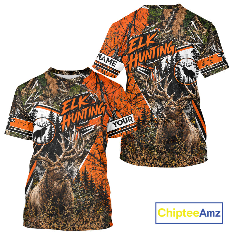 Elk Hunting 3D Orange Camo Shirt Custom Name Perfect Gift For Hunters, Elk Hunting Shirts NBT1124