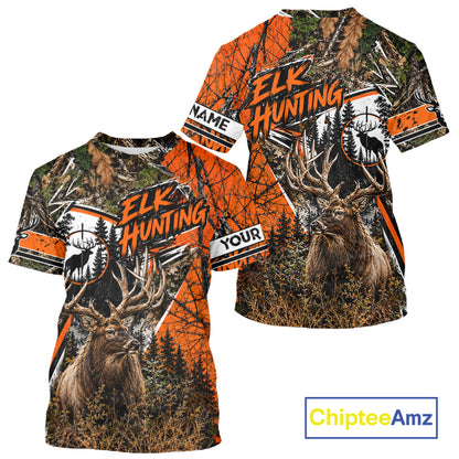 Elk Hunting 3D Orange Camo Shirt Custom Name Perfect Gift For Hunters, Elk Hunting Shirts NBT1124