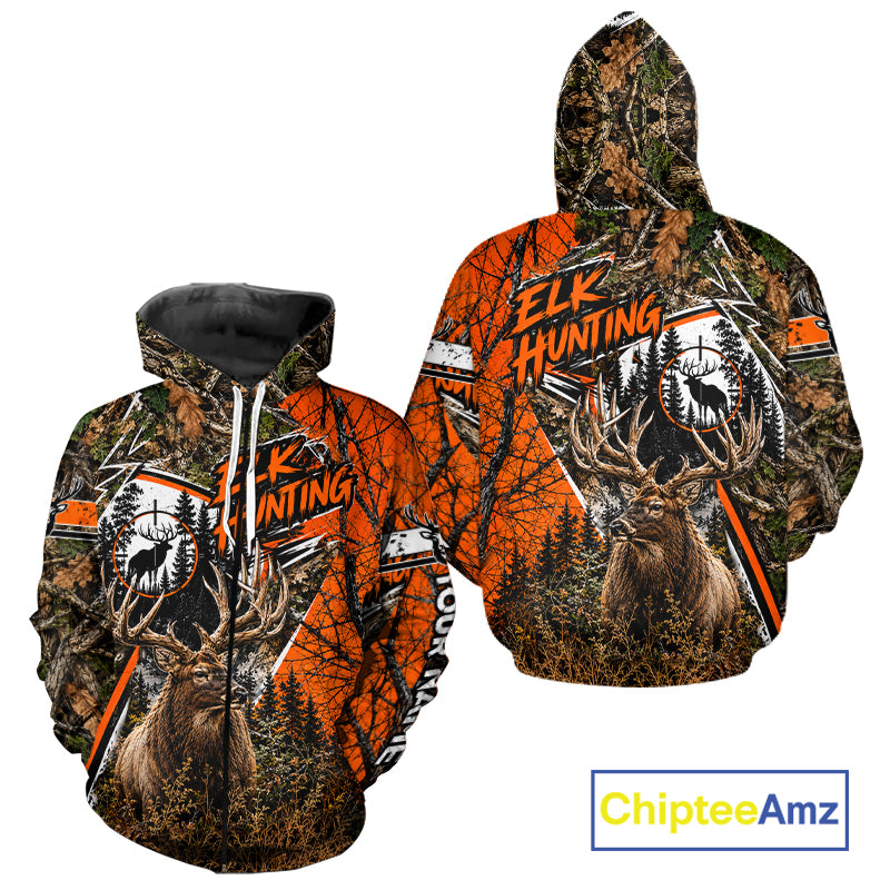 Elk Hunting 3D Orange Camo Shirt Custom Name Perfect Gift For Hunters, Elk Hunting Shirts NBT1124