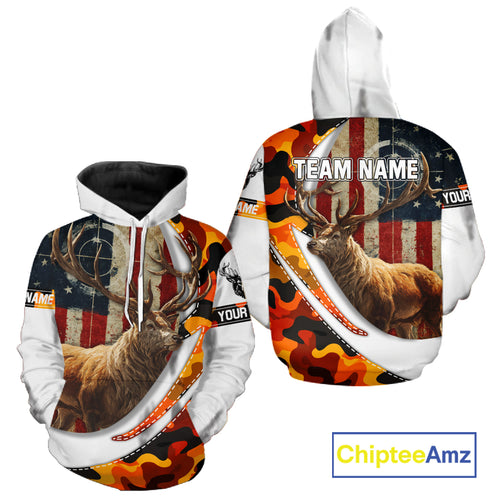 Blaze Orange Camo Elk Hunting Hoodie, Longsleeve Shirt for Men, Custom Name NBT06