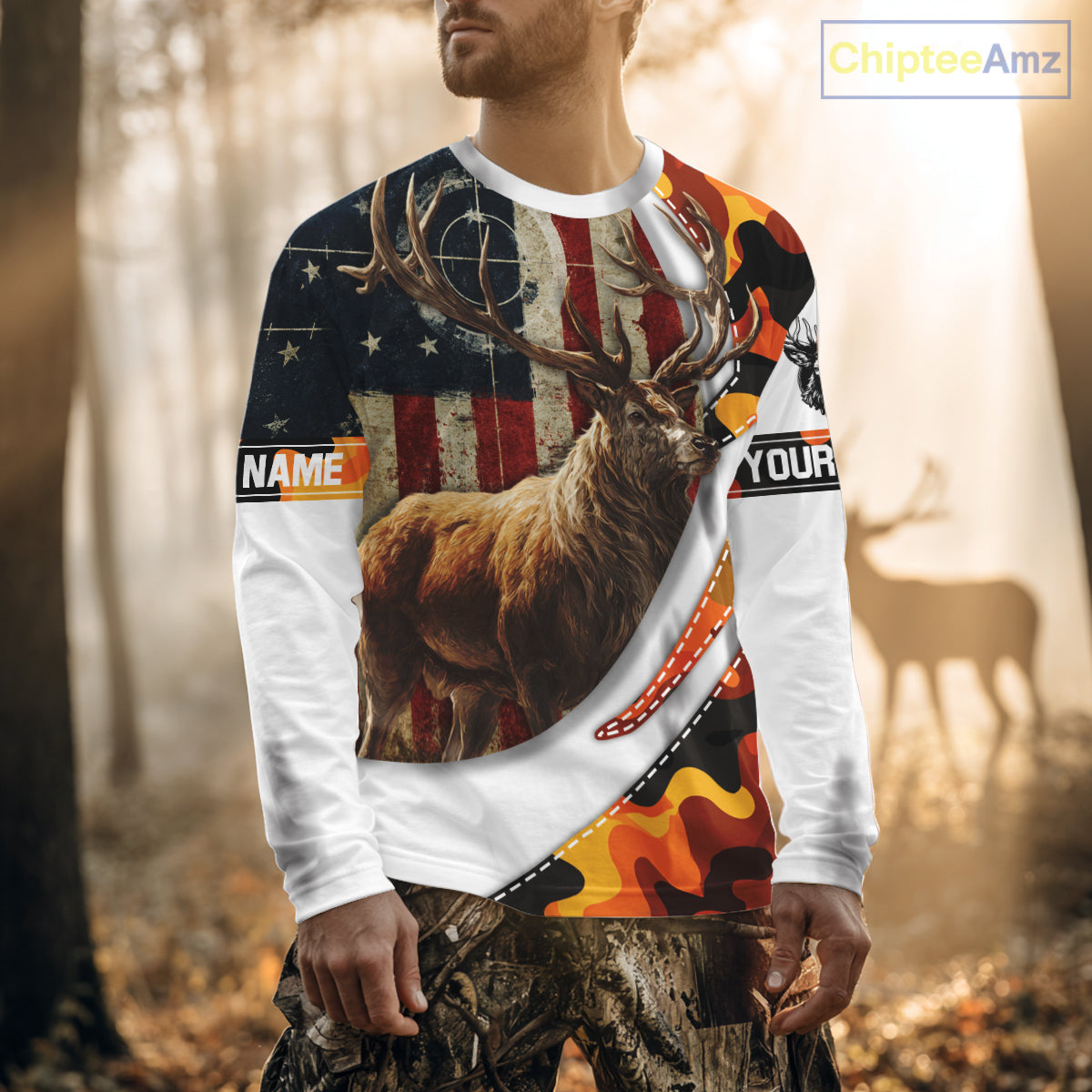 Blaze Orange Camo Elk Hunting Hoodie, Longsleeve Shirt for Men, Custom Name NBT06