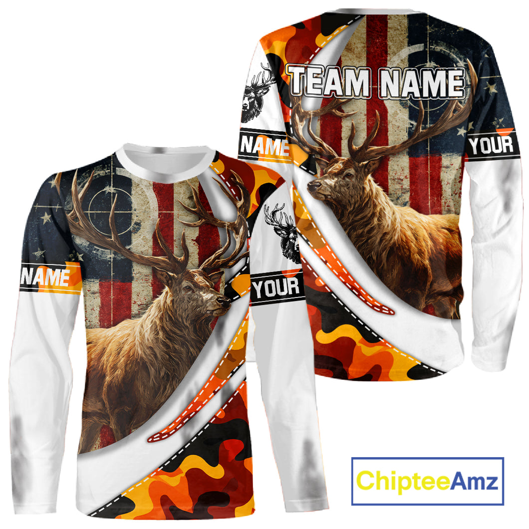 Blaze Orange Camo Elk Hunting Hoodie, Longsleeve Shirt for Men, Custom Name NBT06