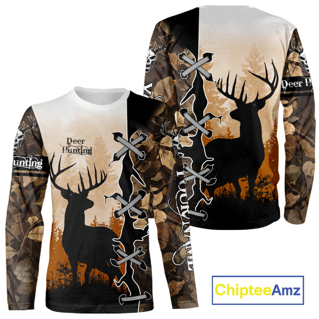 Whitetail Buck Hunting Hoodie, Longsleeve Shirt, Autumn Brown Camo, Perfect Hunter Gifts NBT15