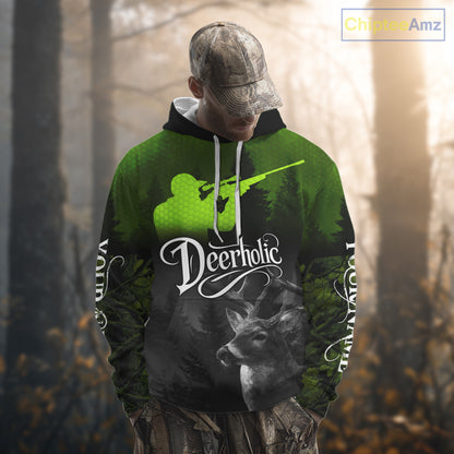 Deer Hunting Shirt Deerholic Hunter Silhouette – Green Camo Big Game Rifle for Men NBT25