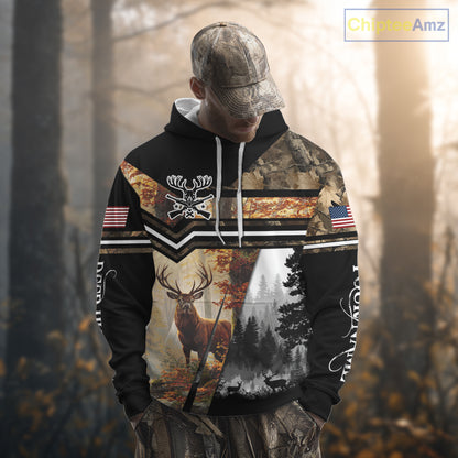 Red Deer Hunting Autumn Camo Custom Name American Flag - Best Gift Ideas for Hunters NBT40