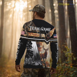 Red Deer Hunting Autumn Camo Custom Name American Flag - Best Gift Ideas for Hunters NBT40