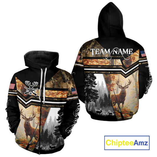 Red Deer Hunting Autumn Camo Custom Name American Flag - Best Gift Ideas for Hunters NBT40