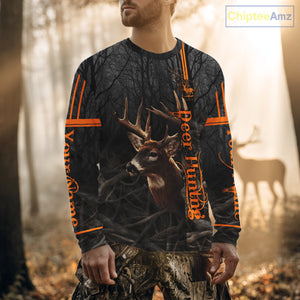 Custom Shadow Buck Black Camo Deer Hunting Shirts for Men, Deer Hunting Crew Clothes NBT54