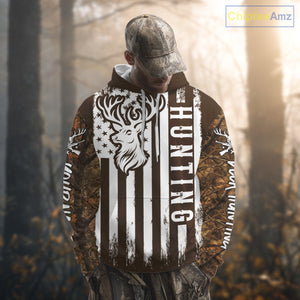 Personalized Brown Camo Deer Hunting Shirt with US Flag & Deer Buck, Hunter Gifts NBT59