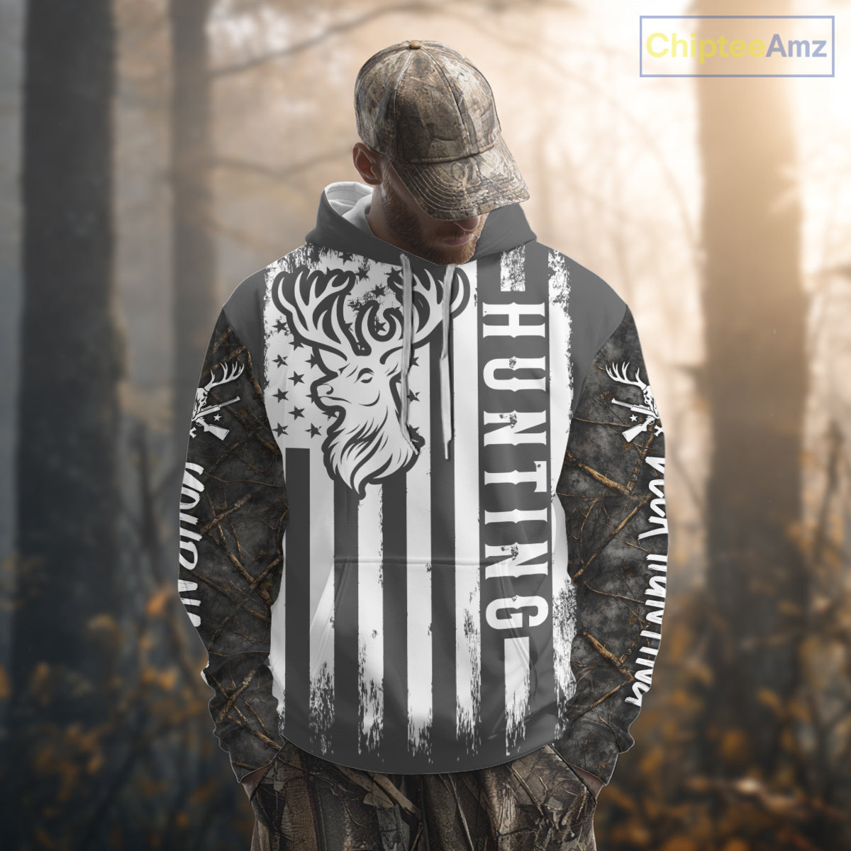 Personalized Dark Camo Deer Hunting Shirt with US Flag & Deer Buck, Hunter Gifts NBT60