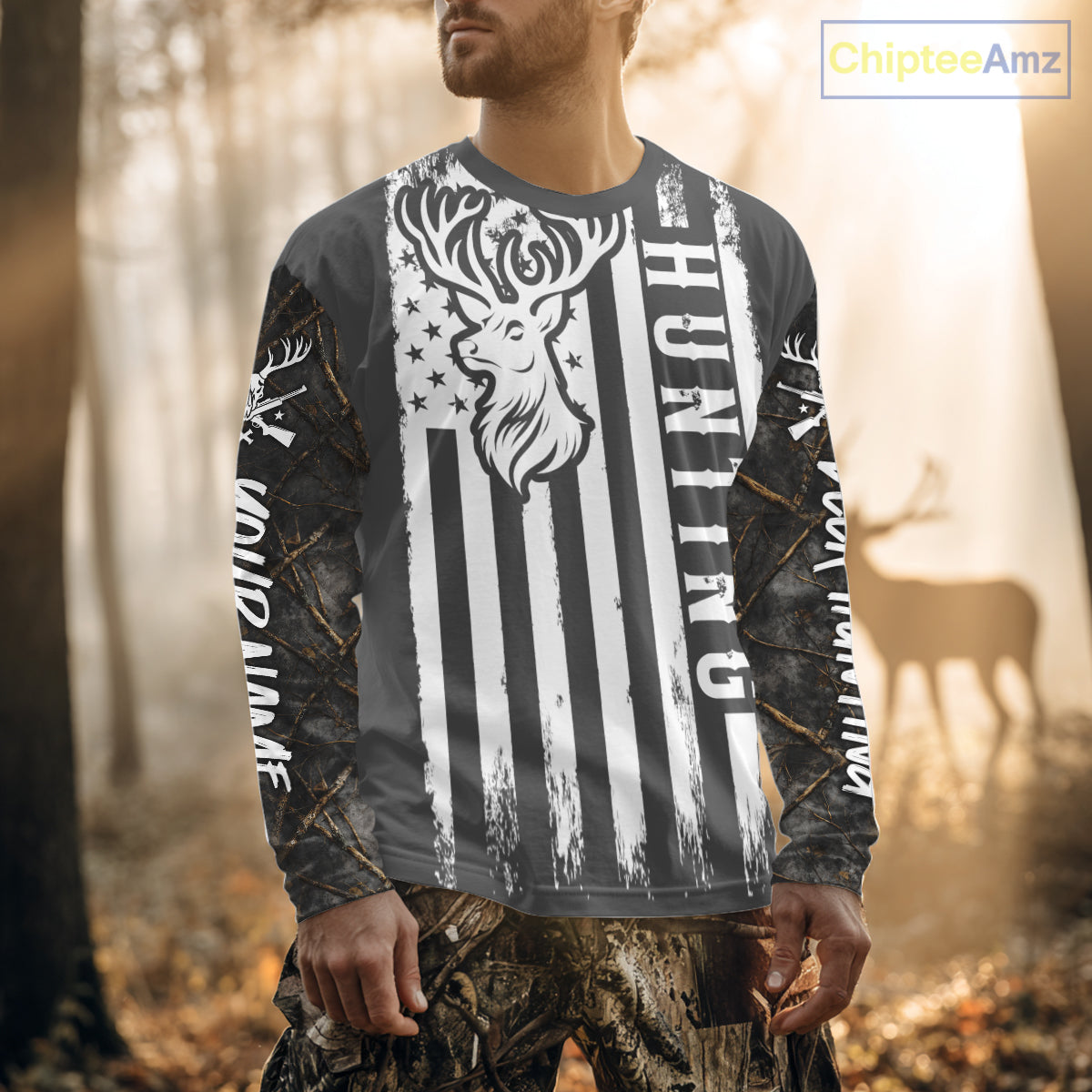 Personalized Dark Camo Deer Hunting Shirt with US Flag & Deer Buck, Hunter Gifts NBT60