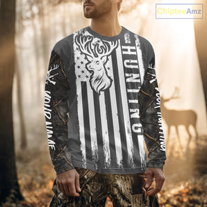Personalized Dark Camo Deer Hunting Shirt with US Flag & Deer Buck, Hunter Gifts NBT60