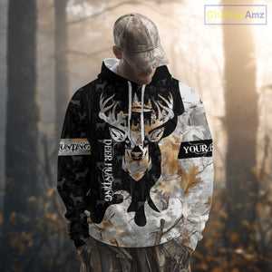 Snowfall Deer Hunting Hoodie, Longsleeves Shirt – Winter Camo Custom Name for Big Game Hunters NBT33
