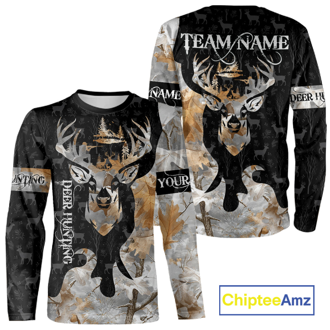 Snowfall Deer Hunting Hoodie, Longsleeves Shirt – Winter Camo Custom Name for Big Game Hunters NBT33