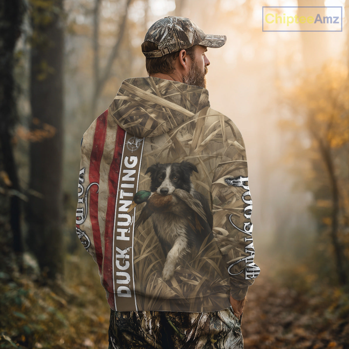 Border Collies Duck Hunting Waterfowl Camo US Flag Shirts, Custom Name Shirts, Hunting Gifts NBT96