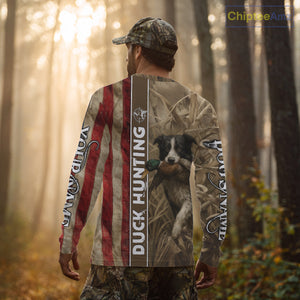 Border Collies Duck Hunting Waterfowl Camo US Flag Shirts, Custom Name Shirts, Hunting Gifts NBT96
