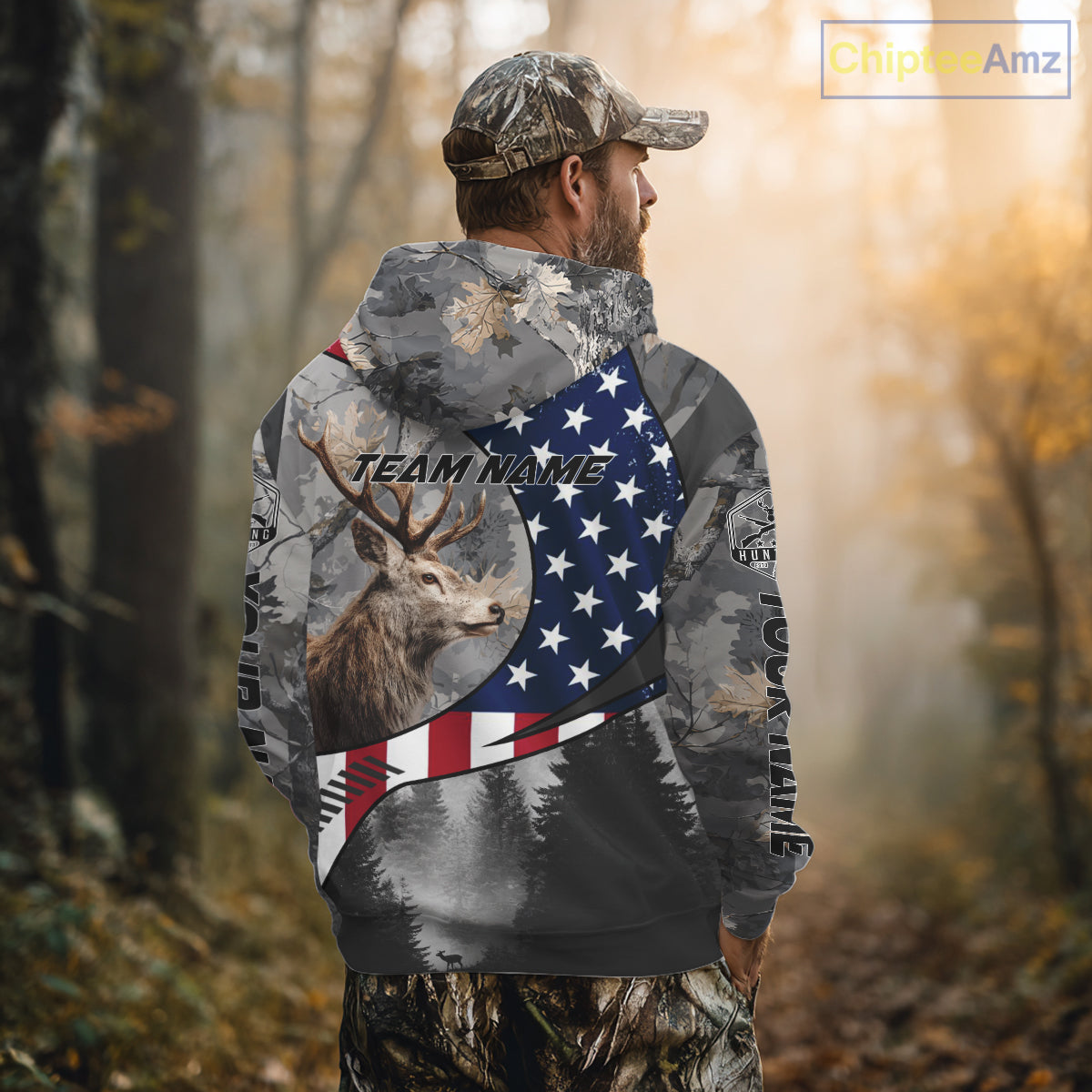 American Flag Grey Camo Deer Hunting Shirt - Personalized Gift for Hunters NBT19