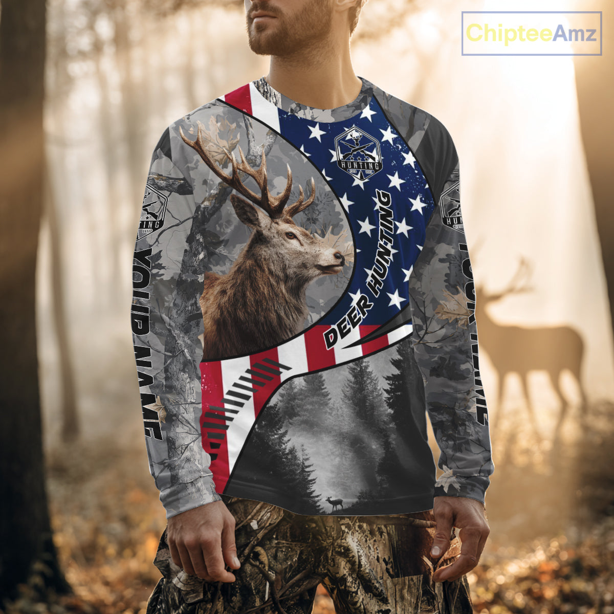 American Flag Grey Camo Deer Hunting Shirt - Personalized Gift for Hunters NBT19