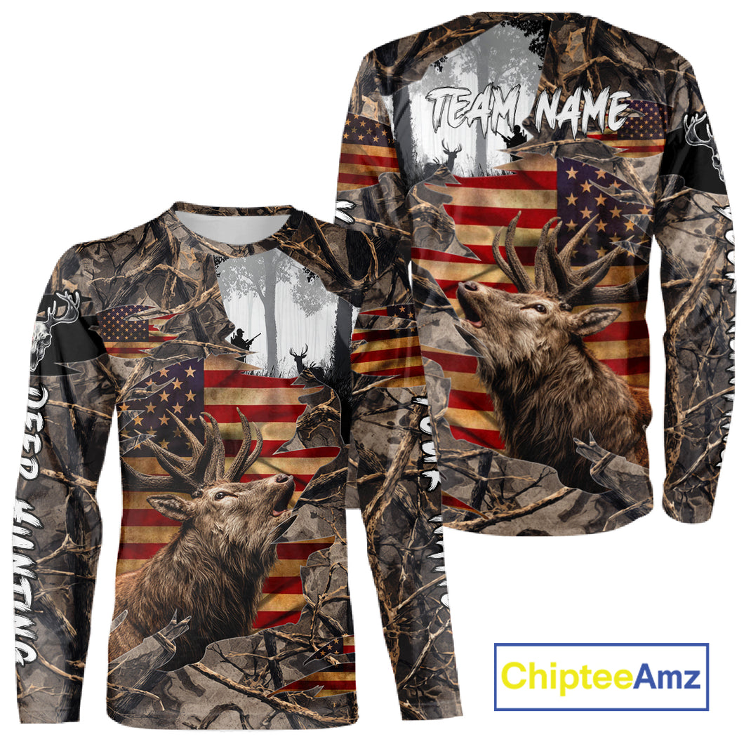 Best Elk Hunting Camo Shirt with Big Buck and US Flag – Hunting Apparel for Men, Hunter Gifts NBT51