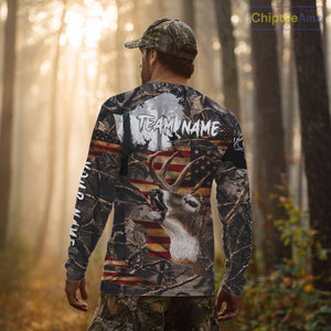 Best Deer Hunting Camo Shirt with Big Buck and US Flag – Hunting Apparel for Men, Hunter Gifts NBT61