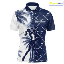 Load image into Gallery viewer, Blue Tropical Palm Trees Golf Club Pattern Mens Golf Polo Shirts Custom Team Golf Shirt NBT567